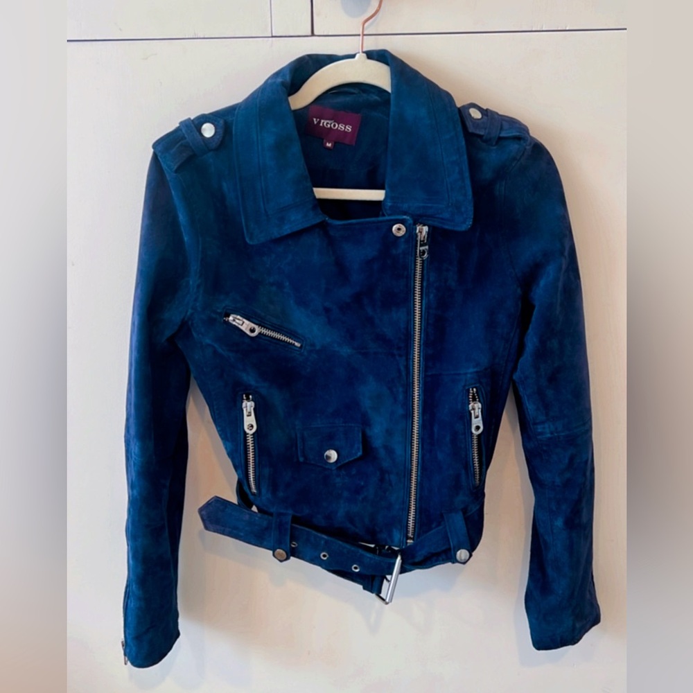 Vigoss Blue Suede Moto Jacket Belted Biker Cropped Zip Jacket Size M